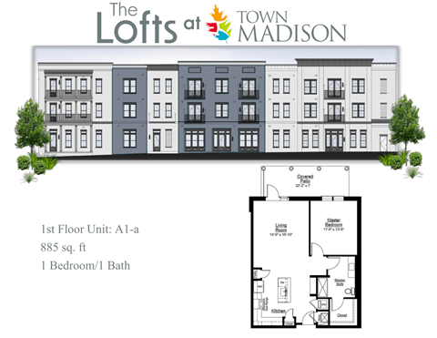 Floor plan for 1 bed, 1 bath, 885 sqft